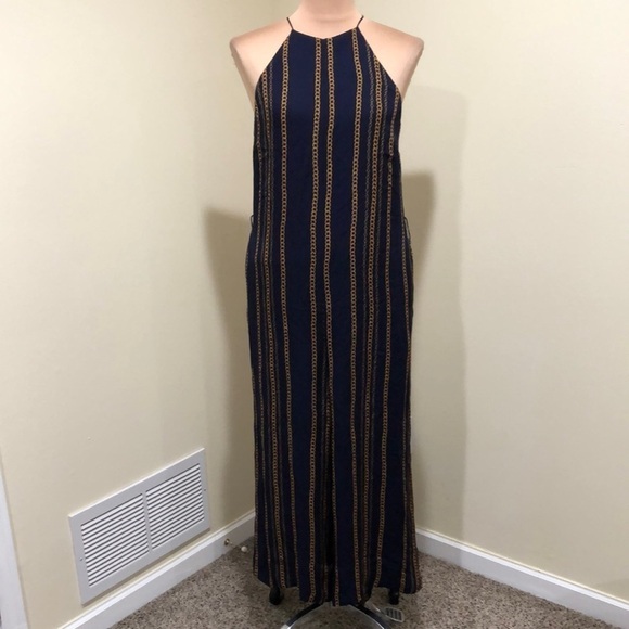 NICHOLAS Samira Wide Leg Cropped Jumpsuit Size US 16 Navy Blue Silk Chain Print - Picture 2 of 12